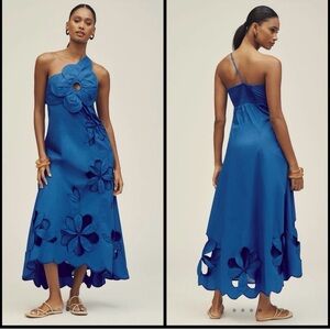 ANTHROPOLOGIE One-Shoulder Cutwork Dress Sz XXS Blue Floral Appliqué STUNNING